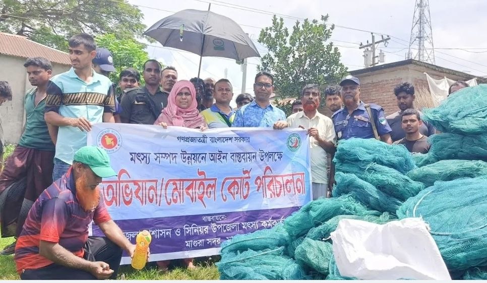 মাগুরায় ১২ হাজার মিটার নিষিদ্ধ জাল জব্দ, পু*ড়িয়ে ধ্বংস